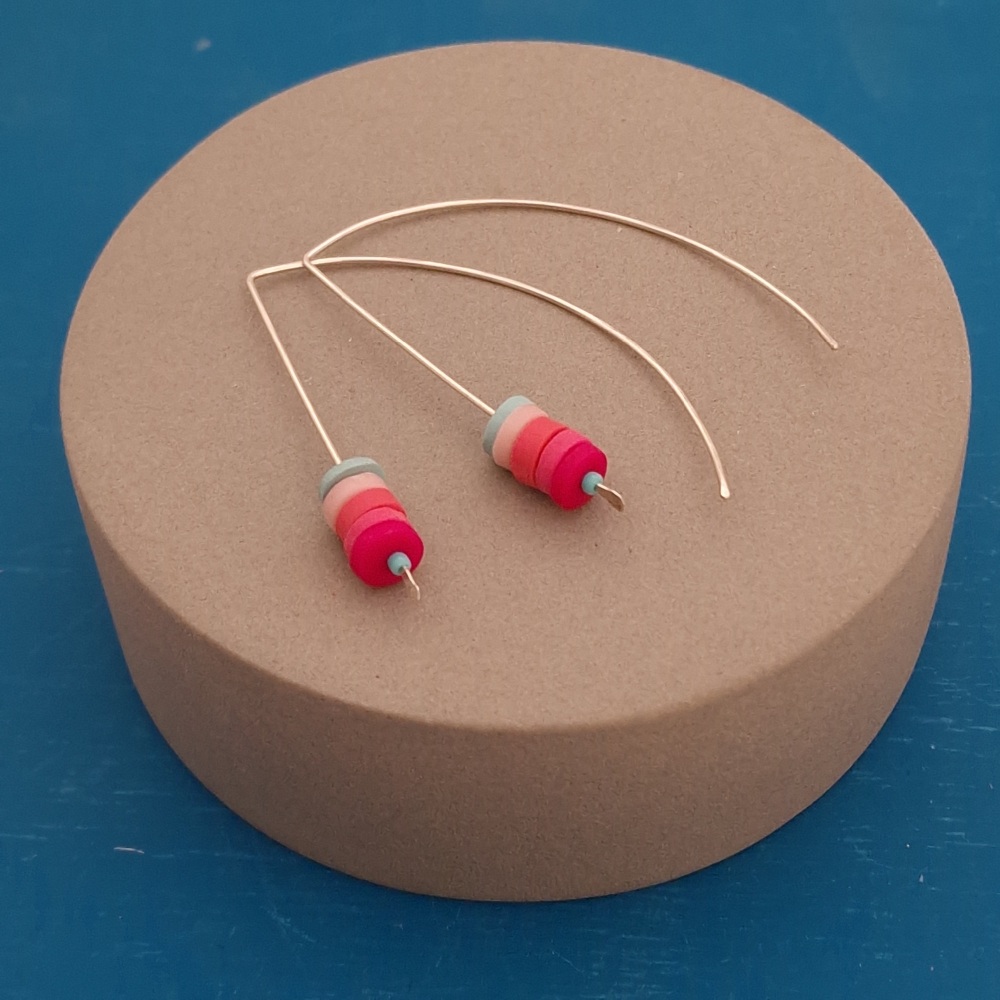 Tiny Disc Sterling Silver Wire Earrings Cerise, Pink and Aqua