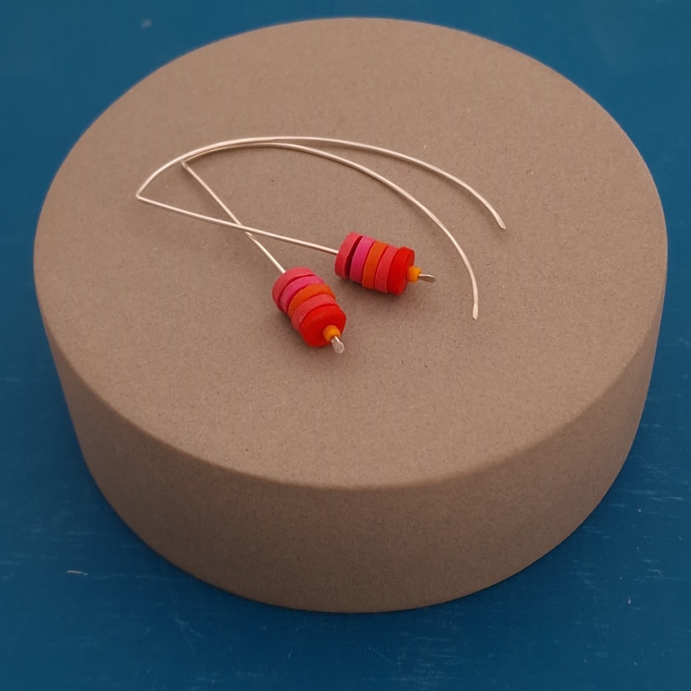 Tiny Disc Sterling Silver Wire Earrings red, orange & pink