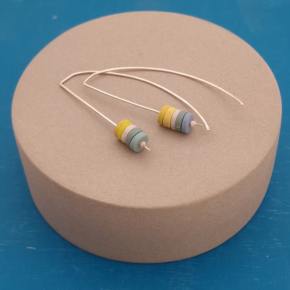 Tiny disc Sterling Silver Wire Earrings Blue and Mustard