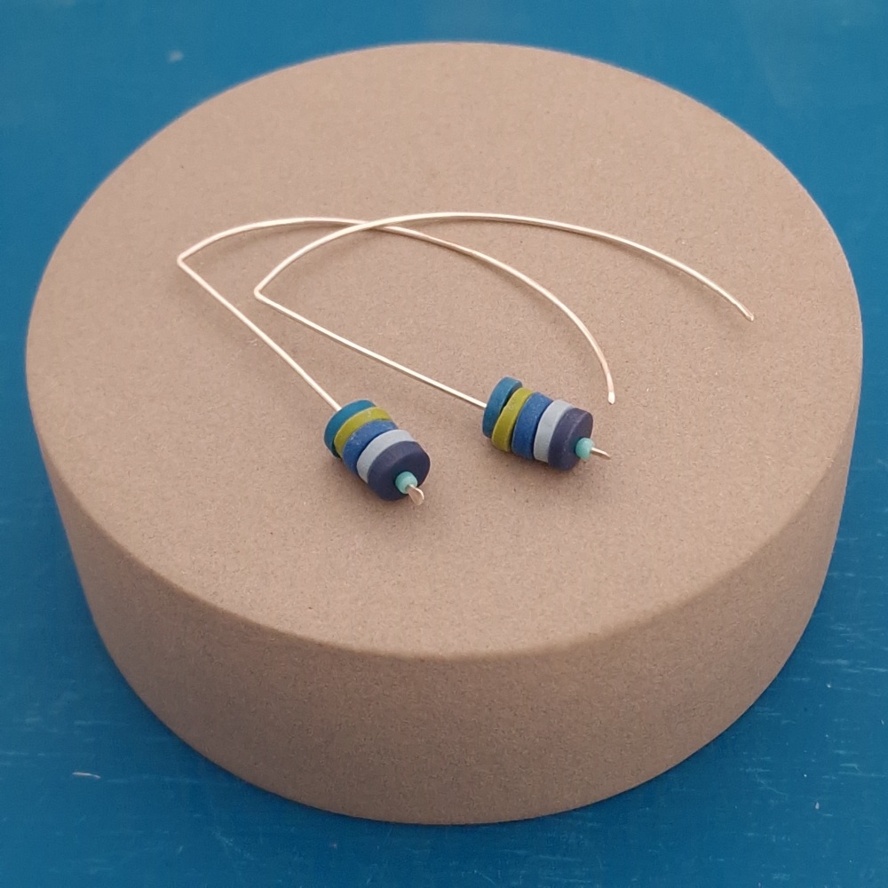 Tiny Disc Sterling Silver Wire Earrings Blue, Navy and Green