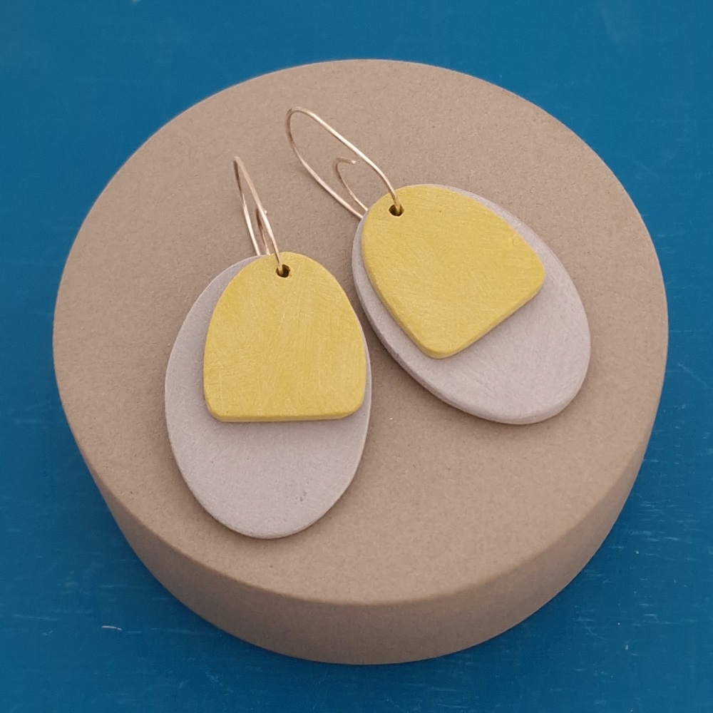 Scratched Two Part Oval Earrings Grey and Mustard
