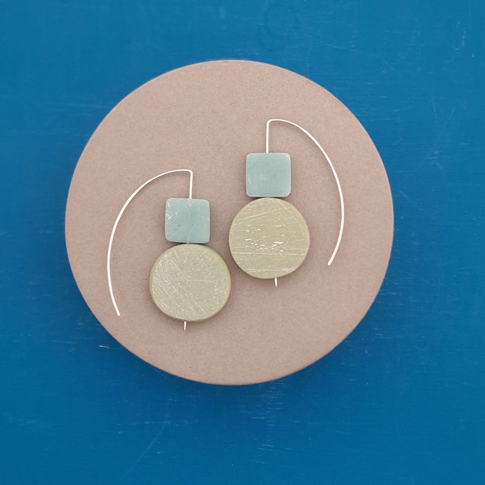 Abstract Shape Circle and Square Earrings sage green and sea foam
