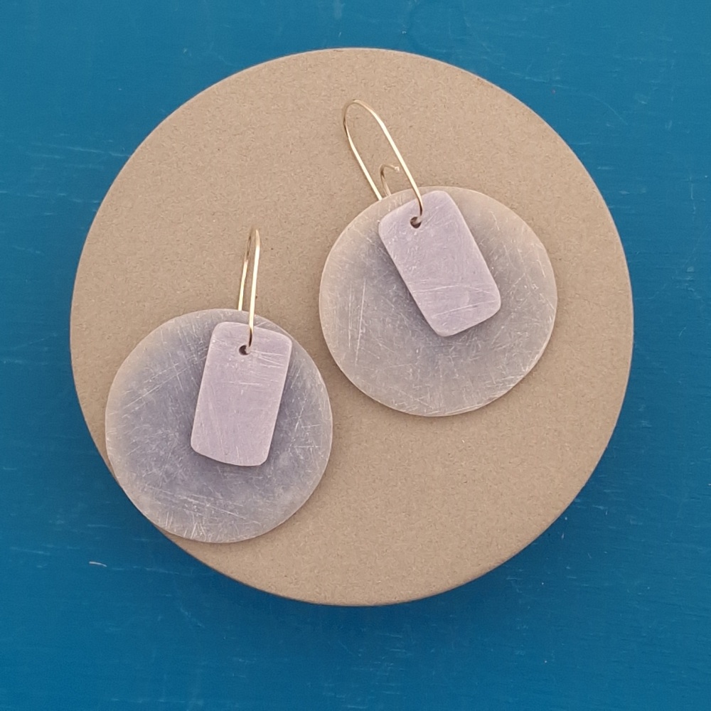 Scratched Circle and Rectangle Earrings Woad Blue