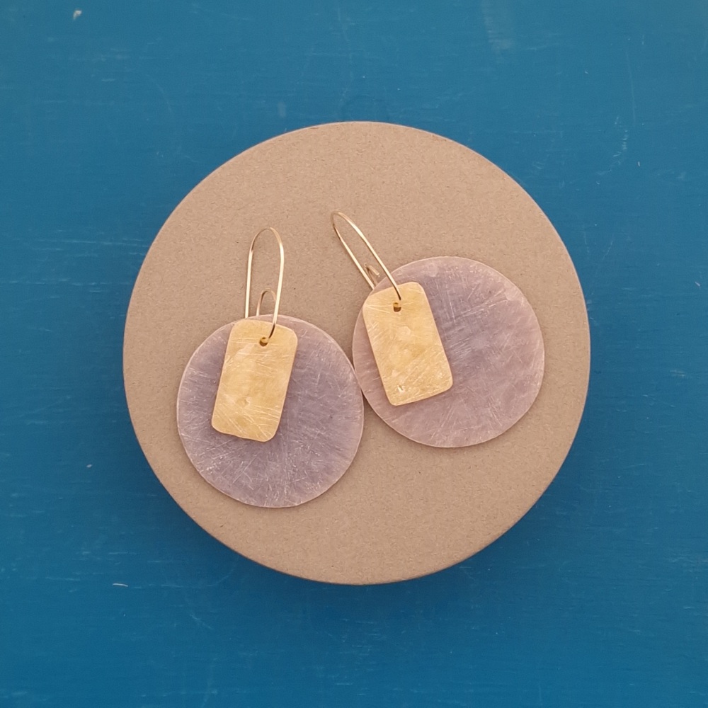 Scratched Circle and Rectangle Earrings Woad Blue and Yellow