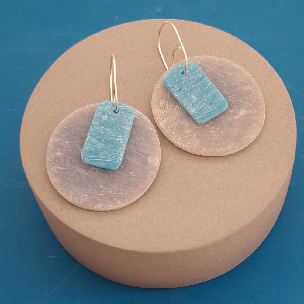 Scratched Circle and Rectangle Earrings Woad Blue and Phthalo Green