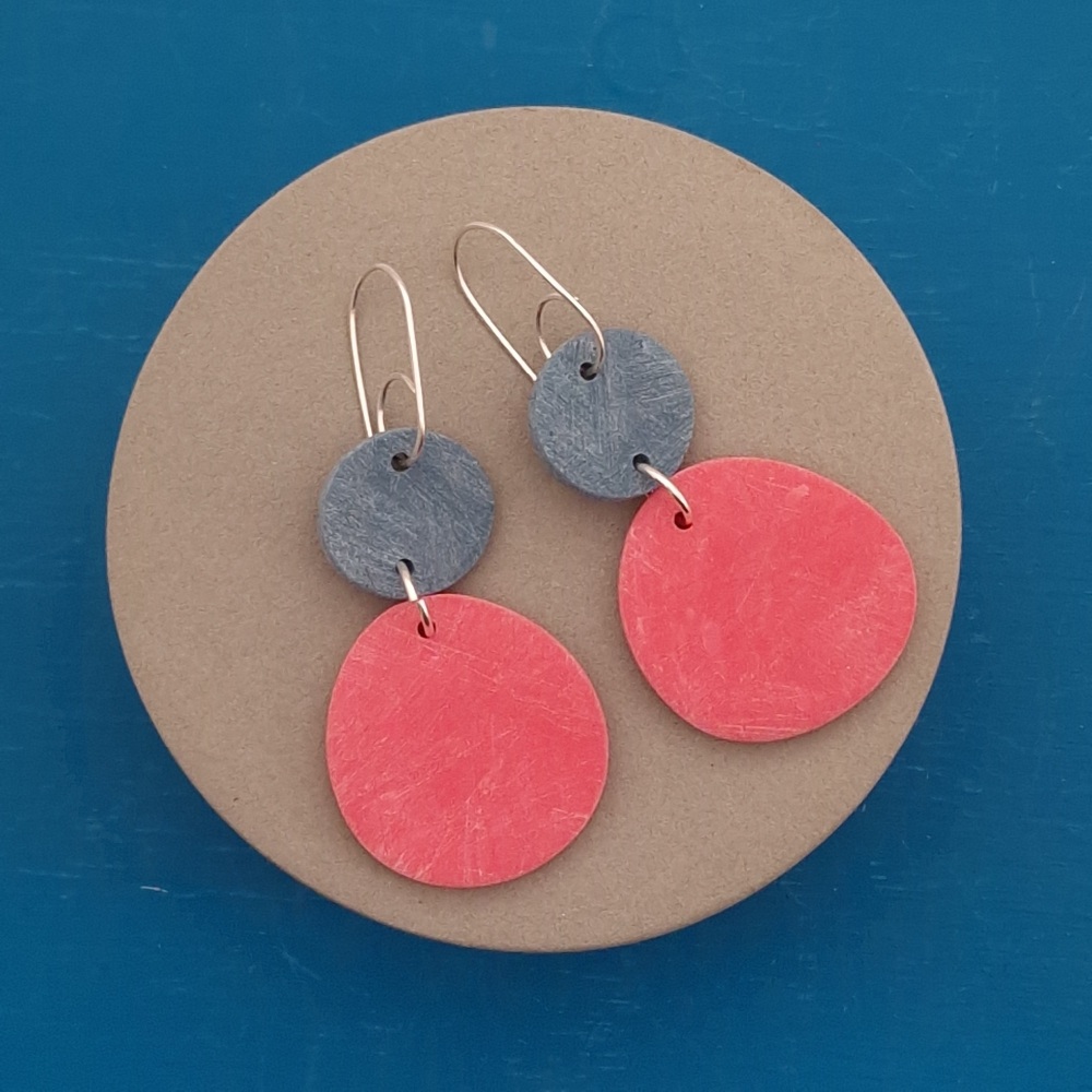 Double Circle Drop Earrings Geranium Red and Navy
