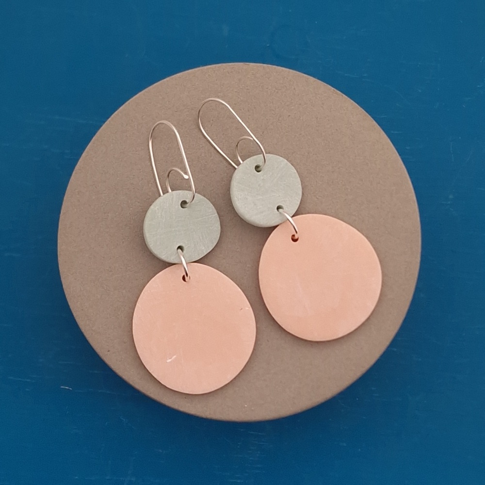 Double Circle Drop Earrings Pale Peach and Green