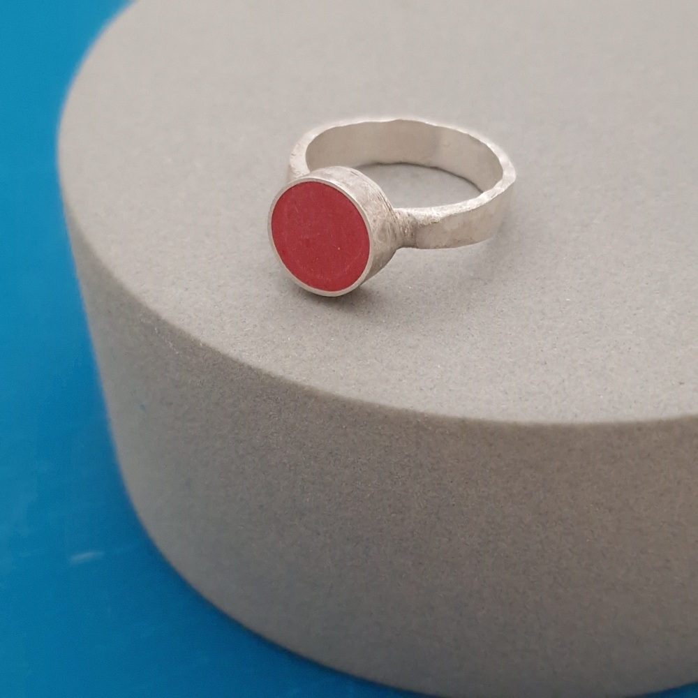 Red Colour Dot Ring with chunky band Size M