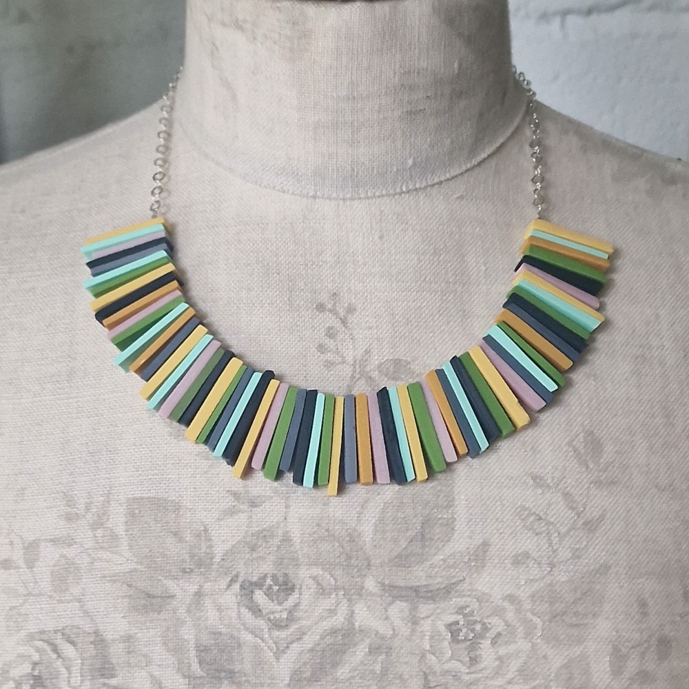 Modern Deco Necklace in Greens, Yellow, Mustard, Grey and Palest Pink