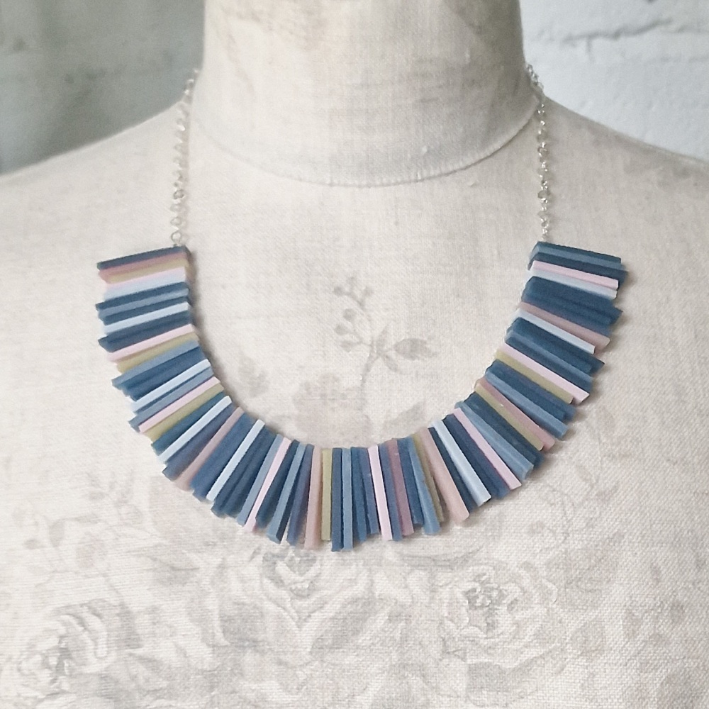 Modern Deco Necklace in Woad Blue, Potters Pink and Yellow Earth