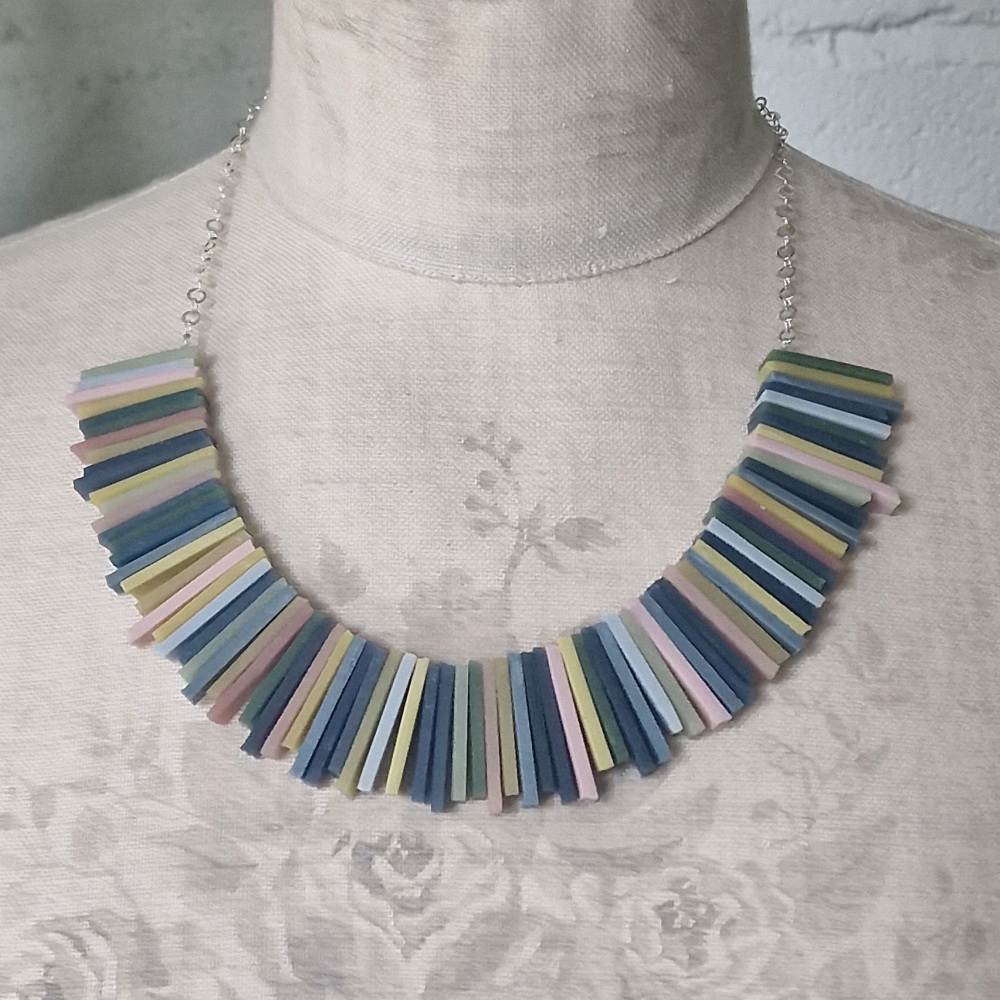 Modern Deco Necklace in Woad Blue, Potters Pink and Green and Yellow Earth