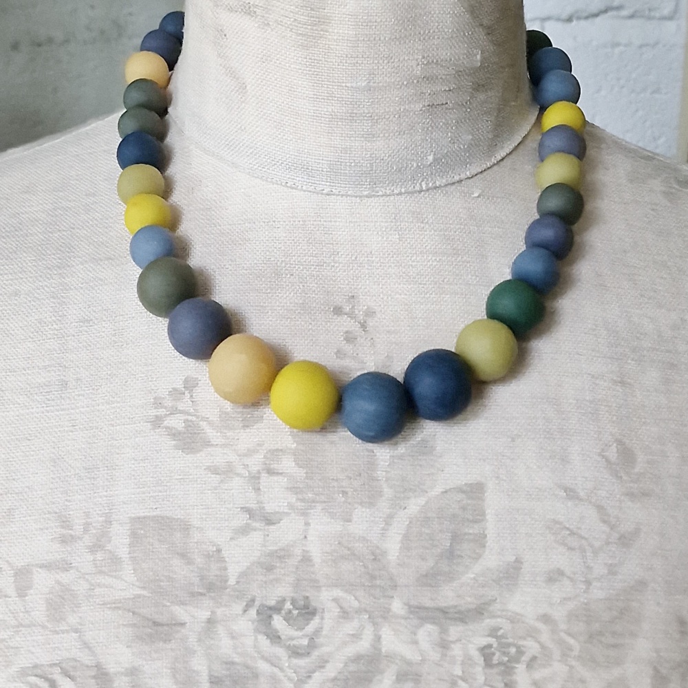 Graduated Bead Necklace in Woad Blue, Indigo, Green Earth and Yellow Ochre