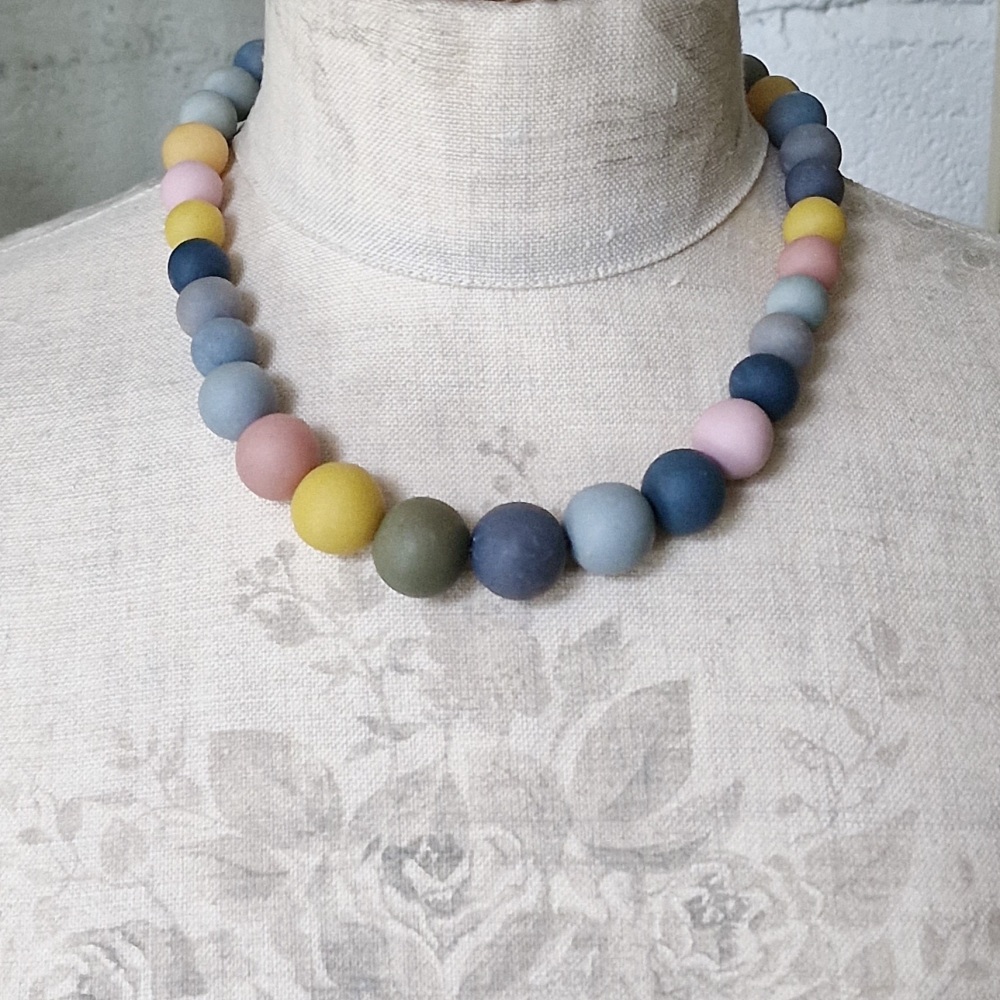 Graduated Bead Necklace in Woad Blue, Indigo, Green Earth, Potters Pink and Yellow Ochre