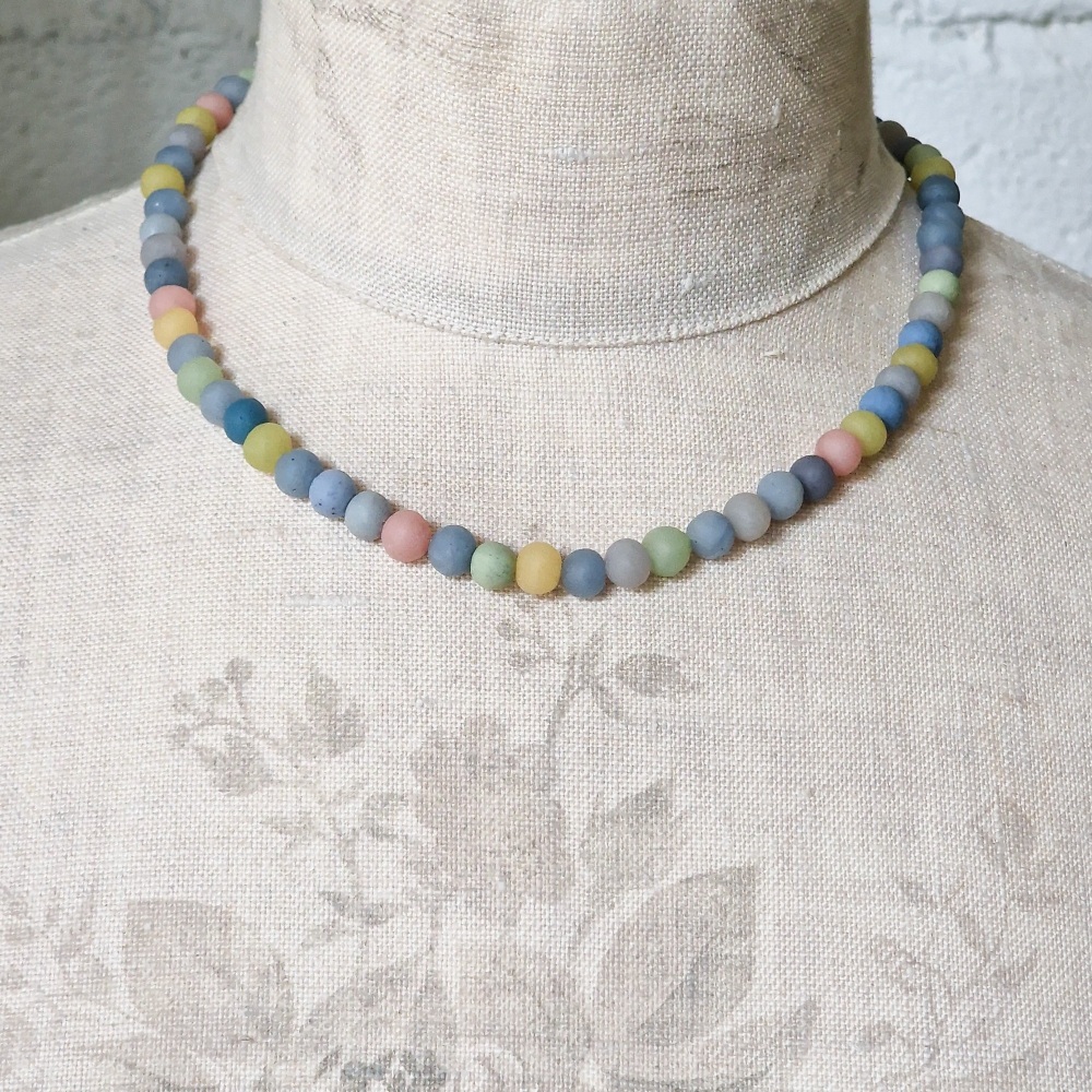 Tiny Bead Necklace in Woad and Indigo Blue, Yellow and Green Earth and Potter’s Pink