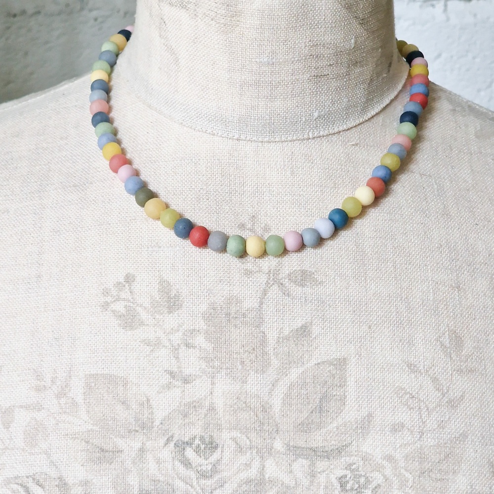 Tiny Bead Necklace in Woad and Indigo Blue, Yellow, Red and Green Earth