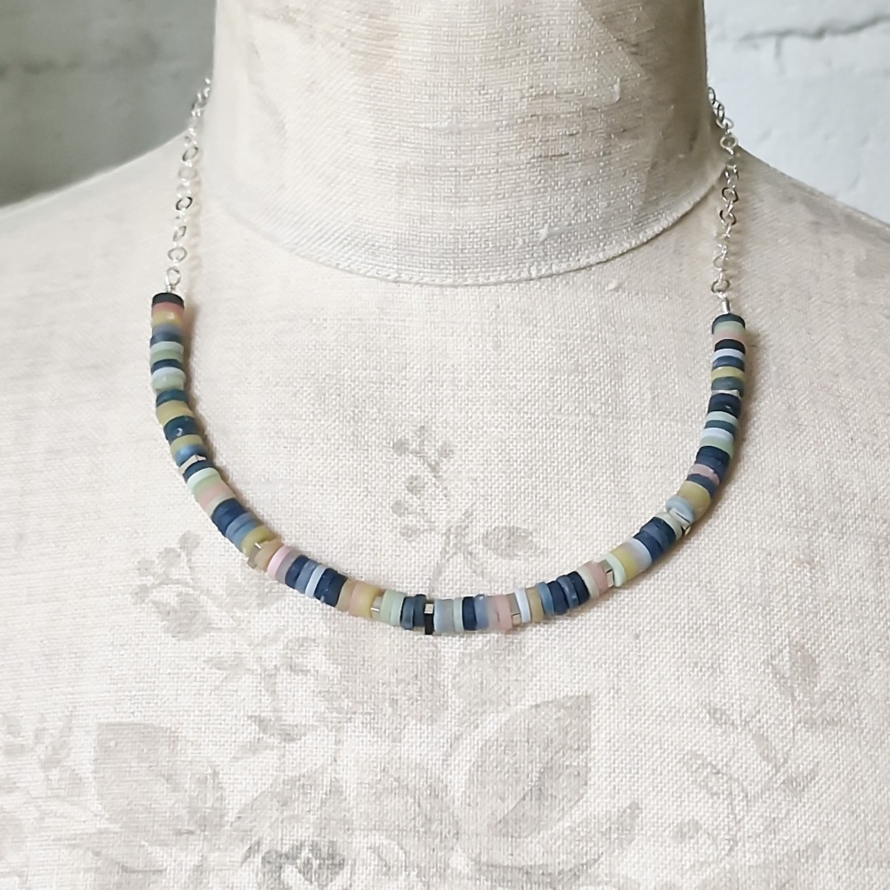 Tiny Disc Necklace in Limited Edition Denim Blue Colours with Sterling Silver Chain