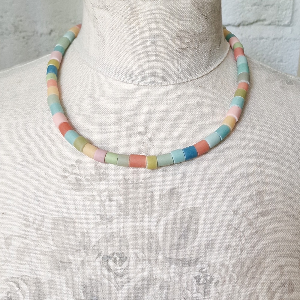 MADE TO ORDER: Short Tube Bead Necklace Pale Natural Earth Colours Green Earth, Turquoise, Red Earth and Yellow Earth