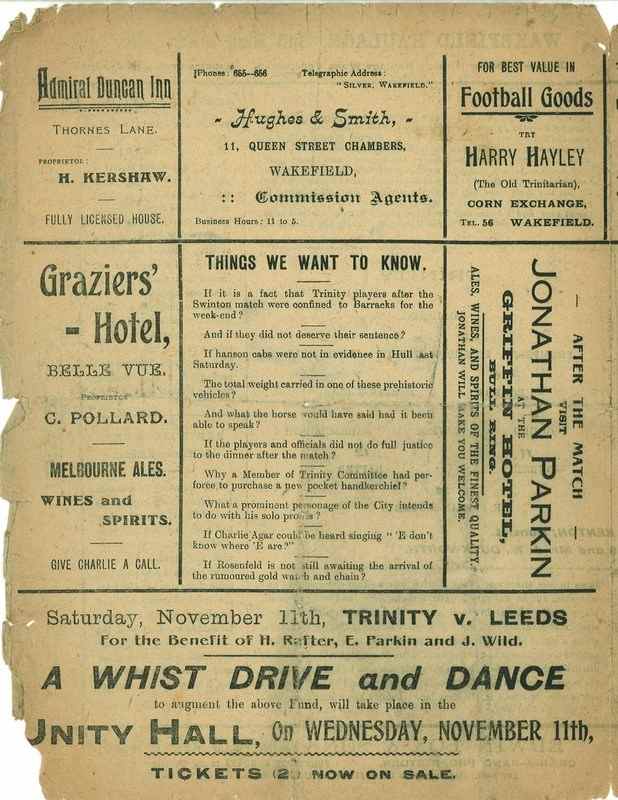 9th September 1922 Wakefield Trinity  v Batley back cover