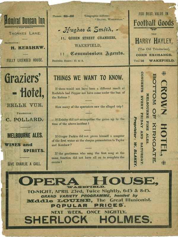 23rd April 1921 Wakefield Trinity  v Dewsbury back cover