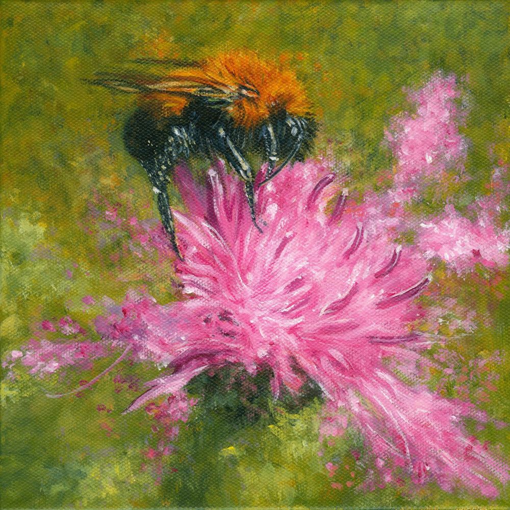 Acrylic painting of bee on pink flower