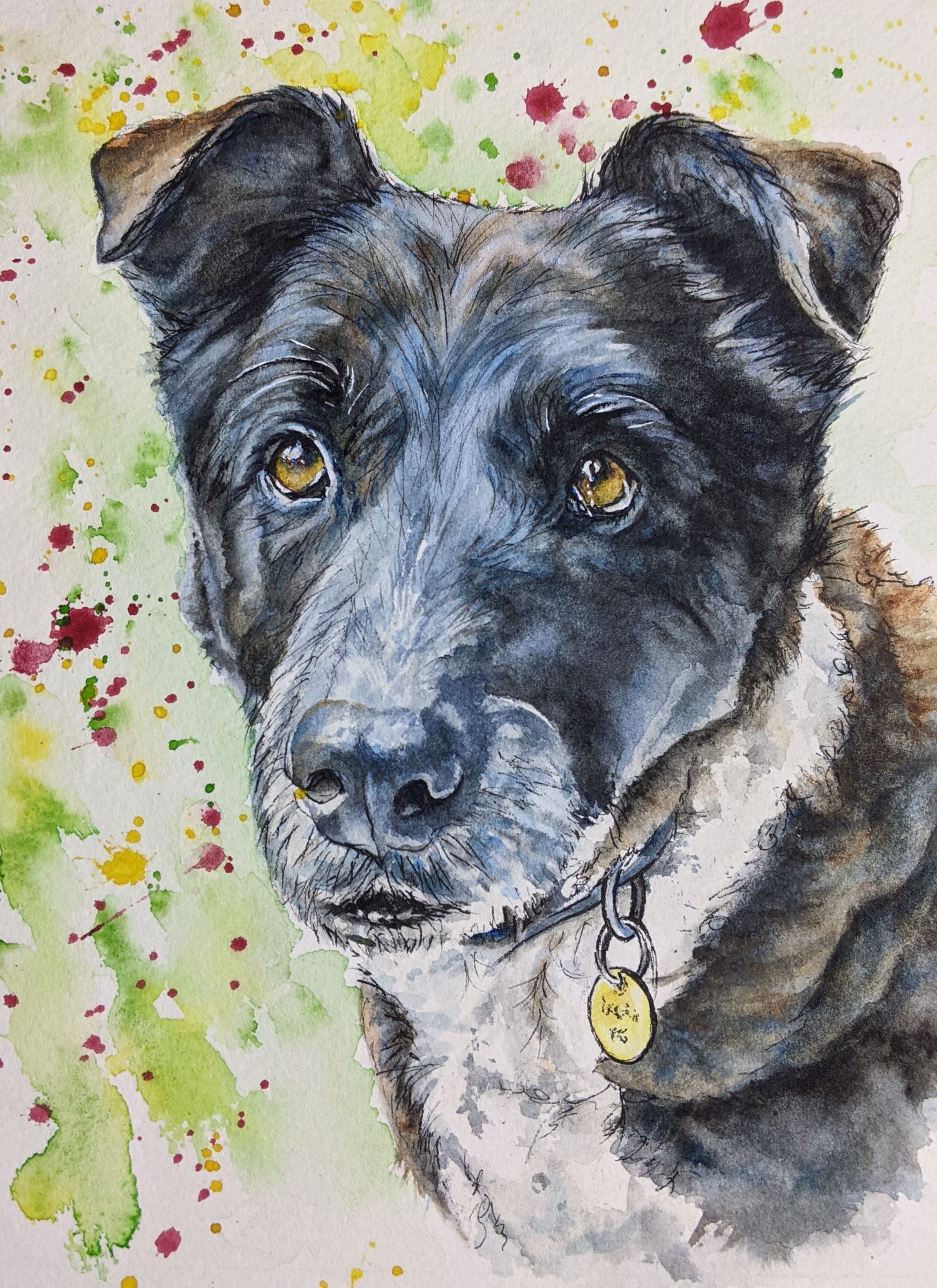 Watercolour & ink dog portrait