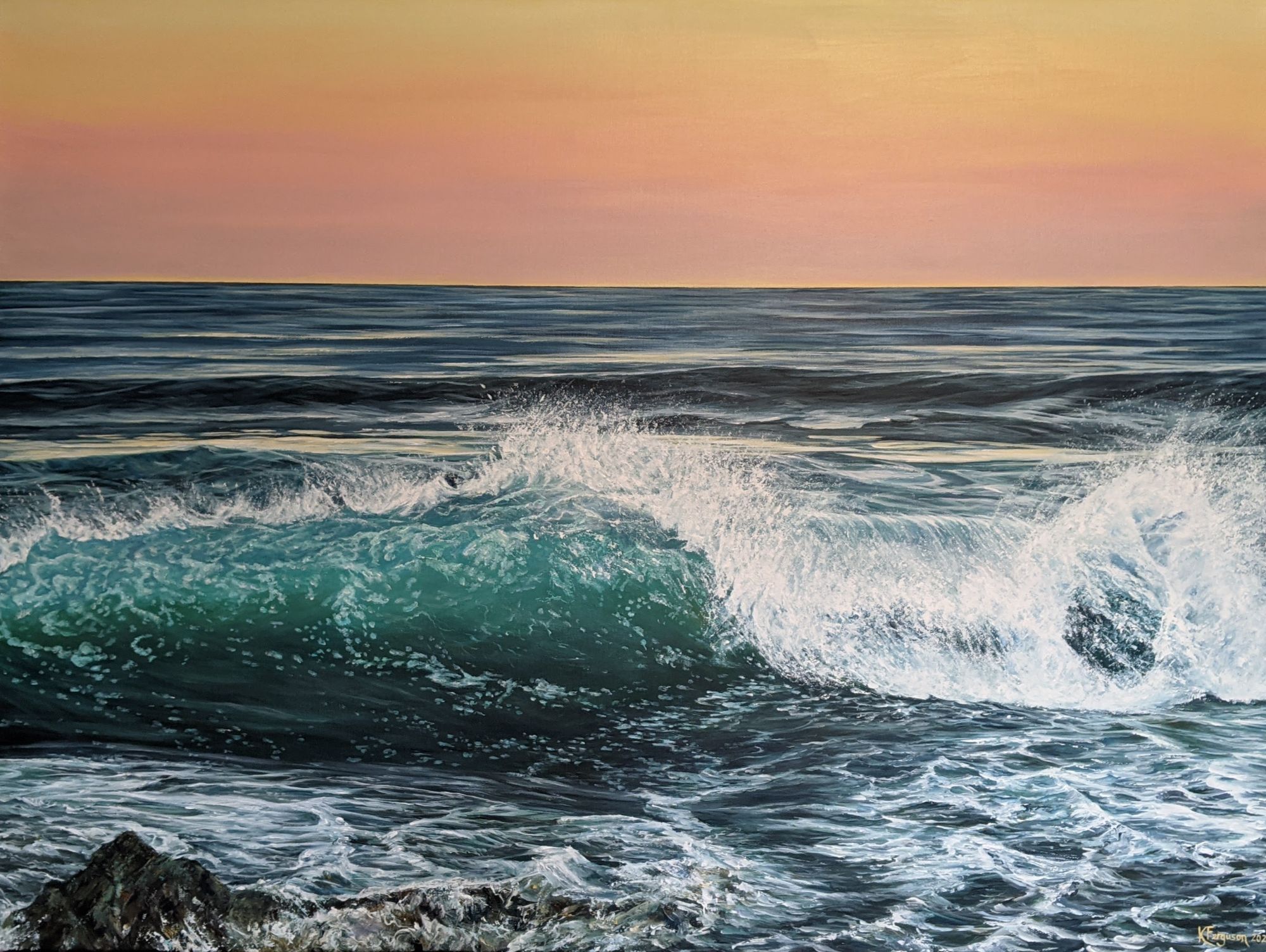 Acrylic painting of a wave at daybreak