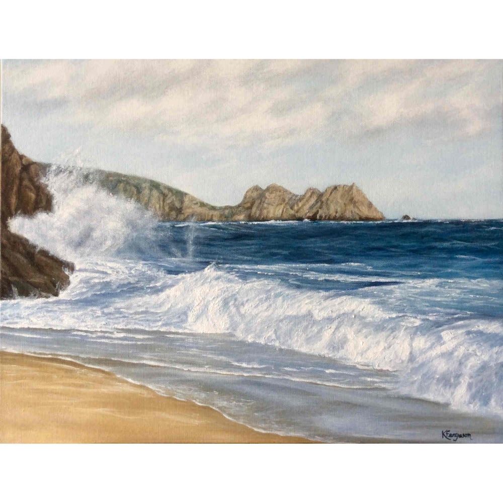 Porthcurno Beach at High Tide - acrylics painting