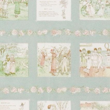 Lecien Fabric ~ Kate Greenaway ~ Text and Pictures in Green (Half Metre)