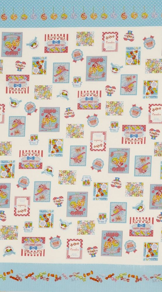 Lecien Fabric ~ Candy Shop ~ Labels Blue (Sold by the Half Metre)