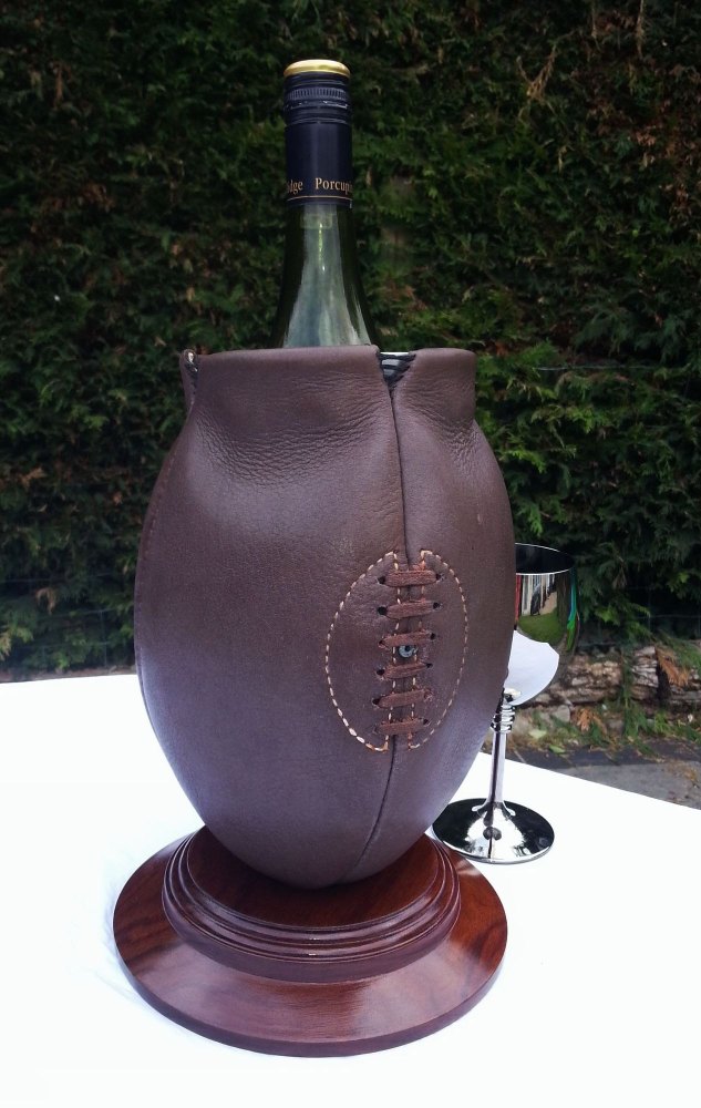 Vintage Style Rugby Ball Wine Cooler on Wooden Base