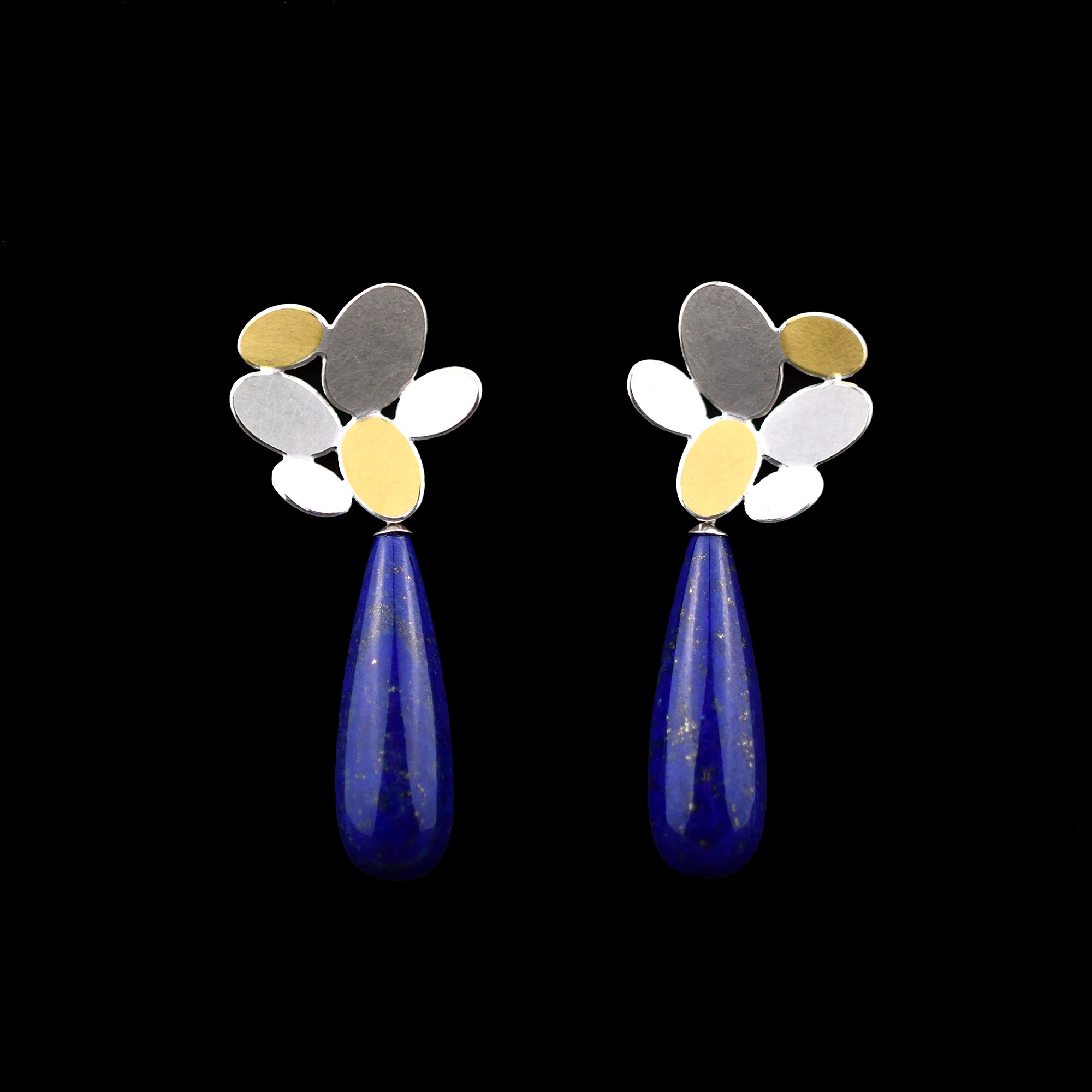 Mixed oval flower earrings with drop lapis