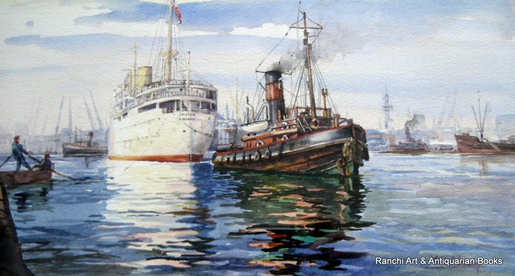 Tug Napia towing RMS Canton, watercolour signed Michael Crawley c1950