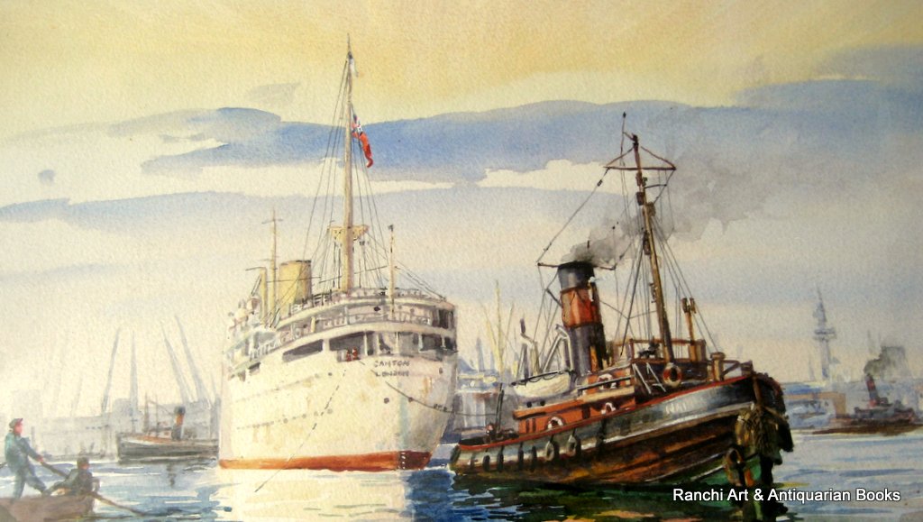 Tug Napia towing RMS Canton, watercolour signed Michael Crawley c1950