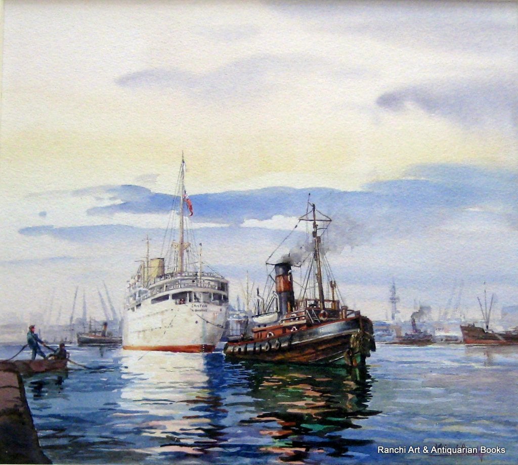 Tug Napier towing R.M.S. Canton in Port of London 1950, watercolour, signed Michael Crawley.