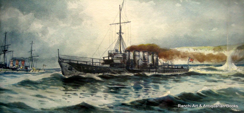 Anti-Submarine ops off Flamborough Head, watercolour gouache, signed Austin Smith 1920. Detail.