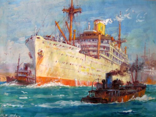 ss Strathallan watercolour gouache signed Ellis Silas c1939