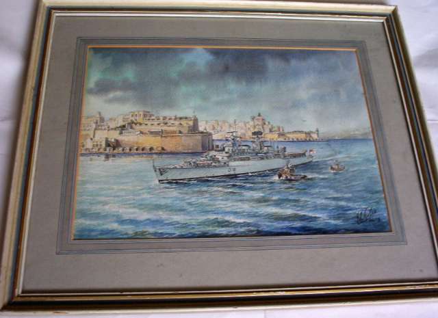 Edwin Galea, The end of an era, HMS London leaving Grand Harbour Valletta 1st April 1979, watercolour, 1979.