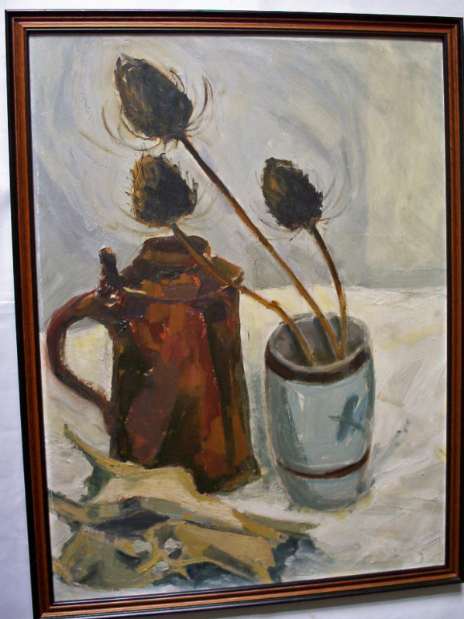 Unsigned, Still-life study of stein, poulet roti and dried flowers, oil on board, c1980.