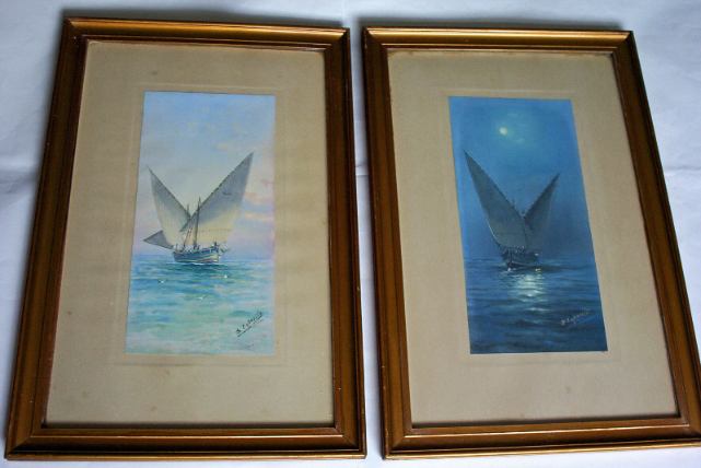 D'Esposito, Maltese fishing boat G.4 by day and night, watercolour gouache, a pair, c1900.