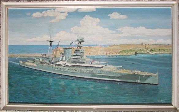J Adcock, HMS Barham Valletta Malta 1937, oil on board, signed. 1975.