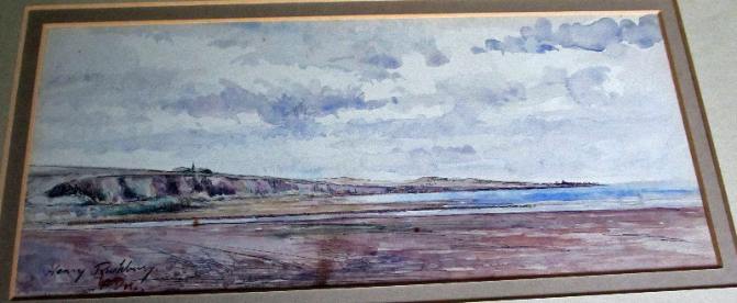 Sir Henry Rushbury, coastal scene, pen, ink and watercolour, signed. c1920.
