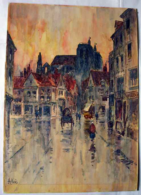 Henry Woods, A rainy street scene in Abbeville, watercolour, c1890.
