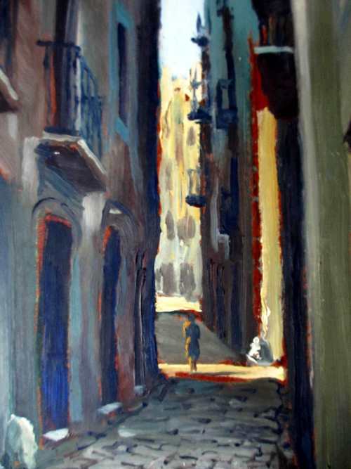 Grivelero Gomez, continental street scene, oil on board, signed. c1990.