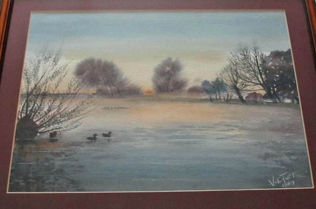 VE Tuff, Sunset in Lincolnshire, watercolour, signed, 1989.