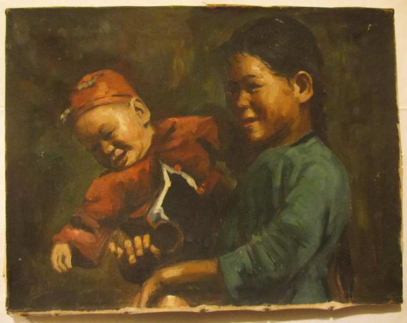 Lee, Chinese mother and baby, oil on canvas, signed. c1950.