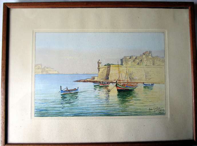 Joseph Galea, aka Jos Galea, The Grand Harbour Valletta, watercolour, signed, 1957.