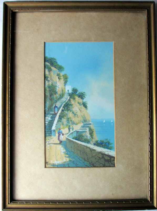 H Fusci, Bay of Naples, gouache, signed, 1929. Calcutta.