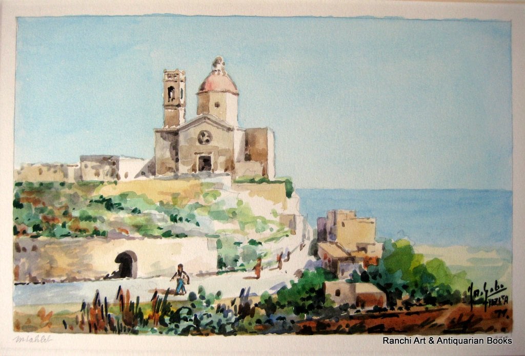 Saint Pauls church Mtahleb, Rabat, Malta, watercolour, titled, signed Jos. Galea 77, 1977.