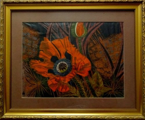 Poppy Jungle Mixed Media Watercolour Acrylic Signed Monogram Symbol C1960