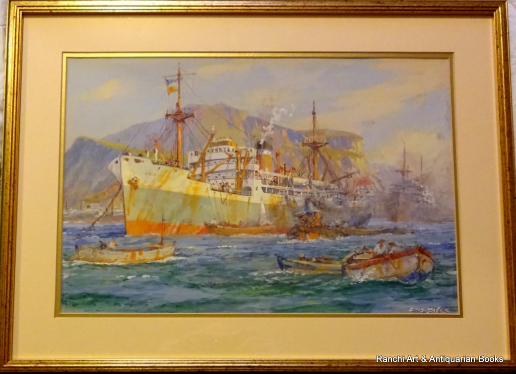 Cargo ship working at moorings Palermo Harbour watercolour and gouache signed Ellis Silas c1924.